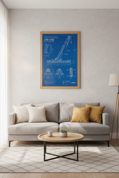 Liebherr LTM 1750 Crane Blueprint | Industrial Blue Wall Art, Office Decor Poster