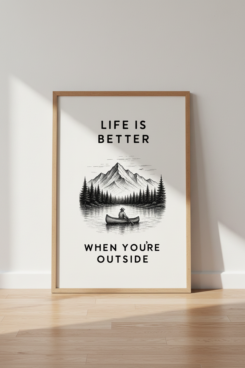 Nature Mountain Wall Art Print | Black &amp; White Lake Poster, Cabin Decor