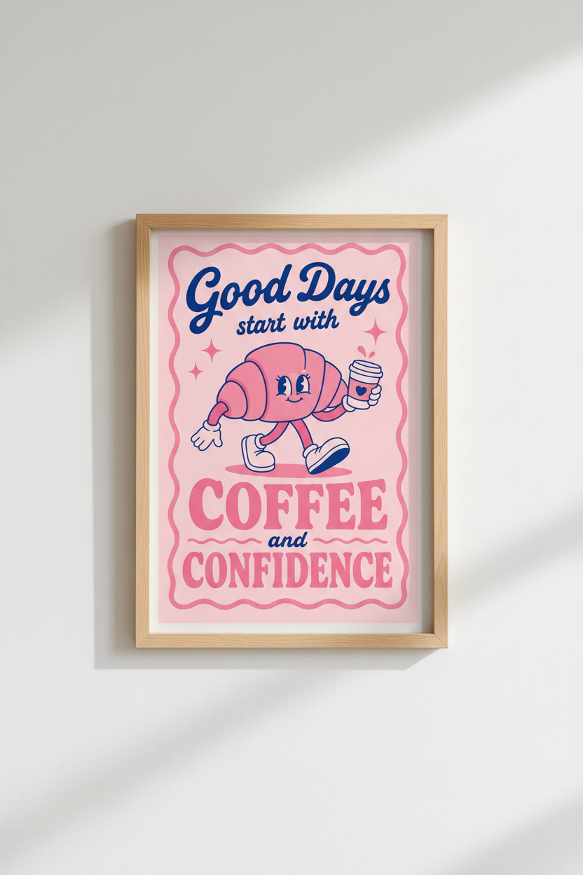 Retro Kitchen Poster | Pink Coffee Croissant Quote Art, Groovy Dining Room Decor