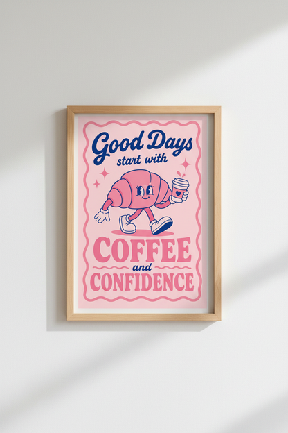 Retro Kitchen Poster | Pink Coffee Croissant Quote Art, Groovy Dining Room Decor