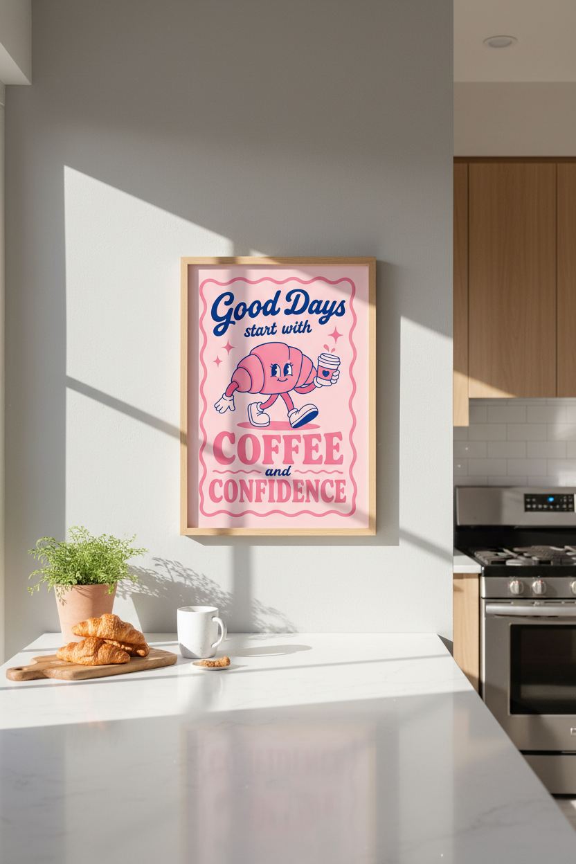 Retro Kitchen Poster | Pink Coffee Croissant Quote Art, Groovy Dining Room Decor