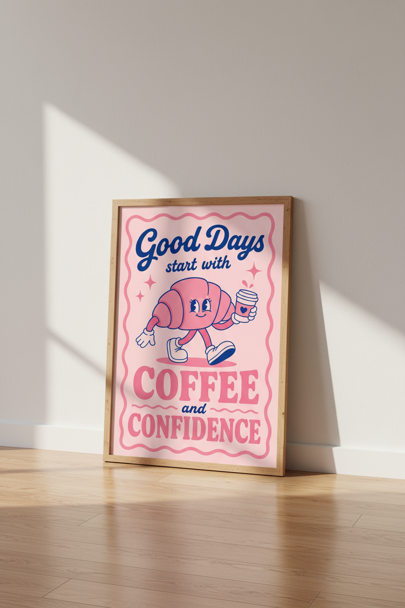 Retro Kitchen Poster | Pink Coffee Croissant Quote Art, Groovy Dining Room Decor