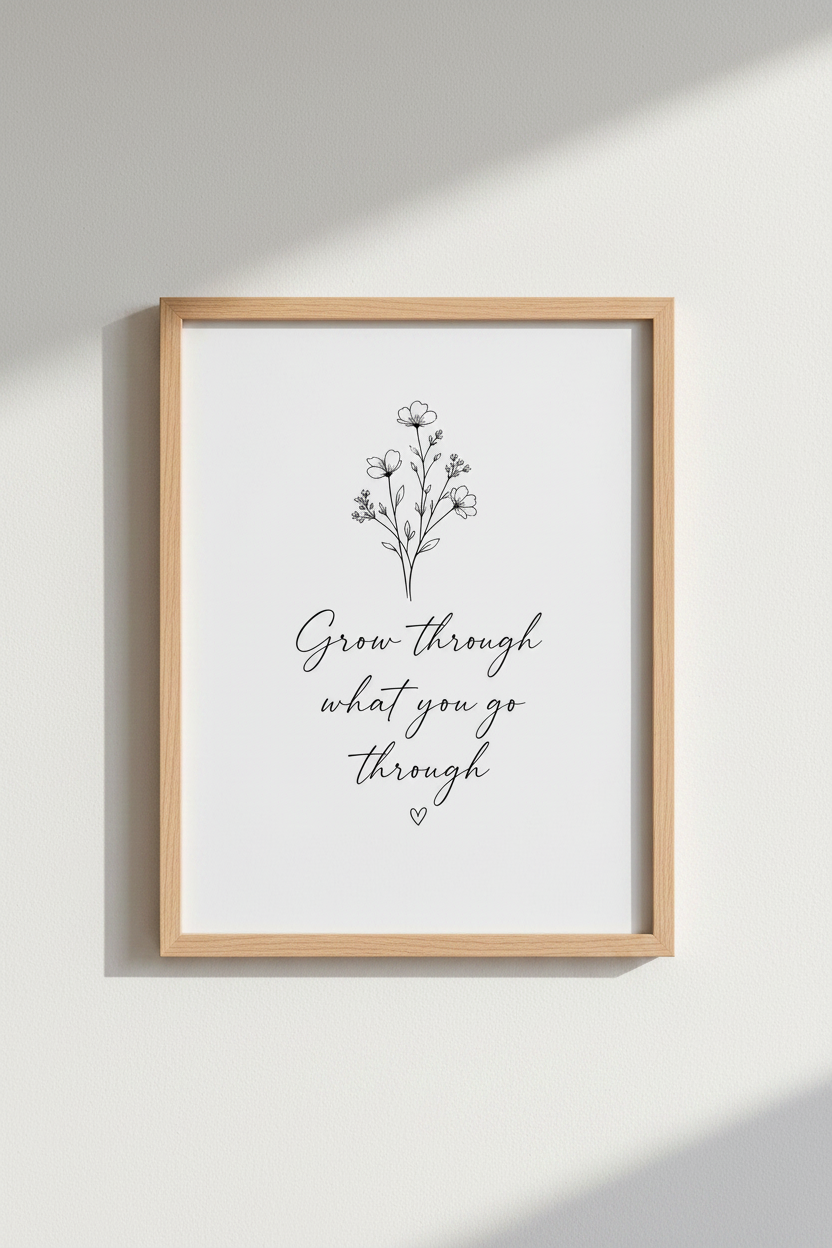 Grow Through Floral Wall Art | Minimalist Quote Print, Bedroom Office Decor