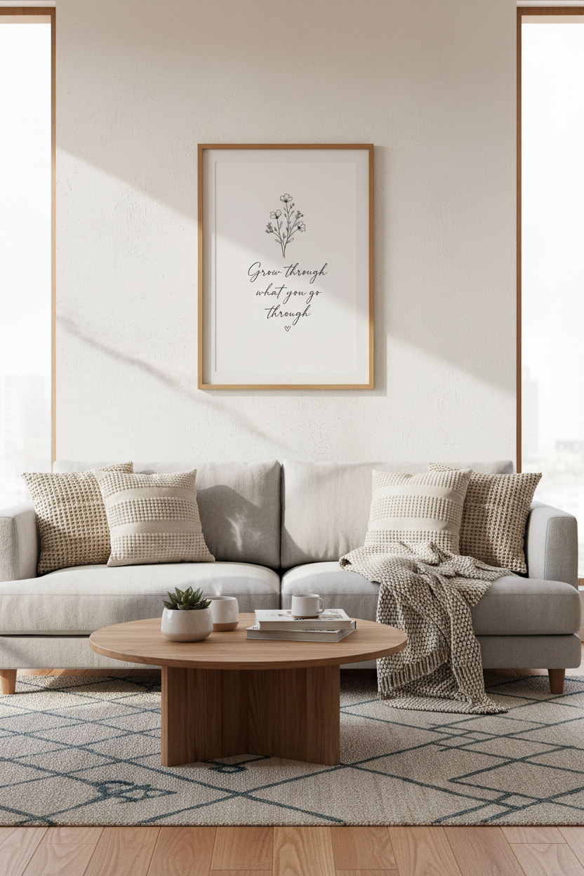Grow Through Floral Wall Art | Minimalist Quote Print, Bedroom Office Decor