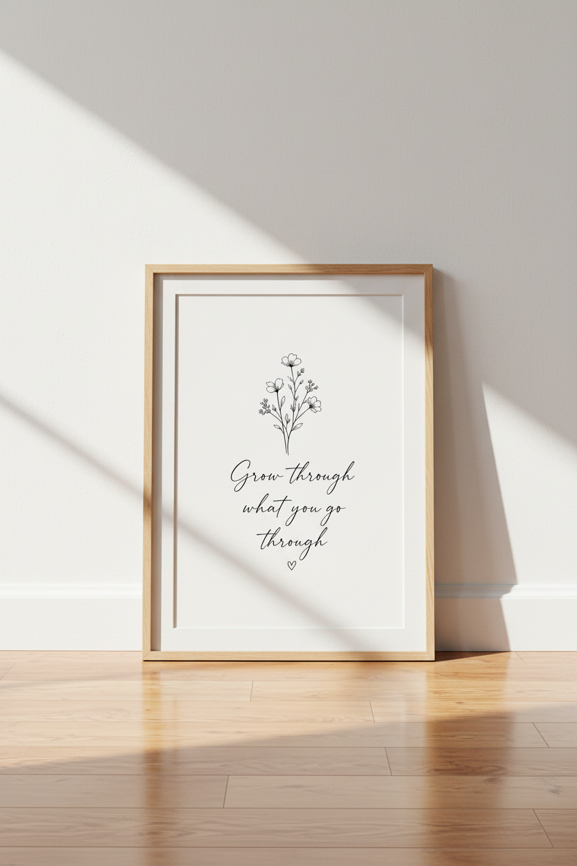 Grow Through Floral Wall Art | Minimalist Quote Print, Bedroom Office Decor