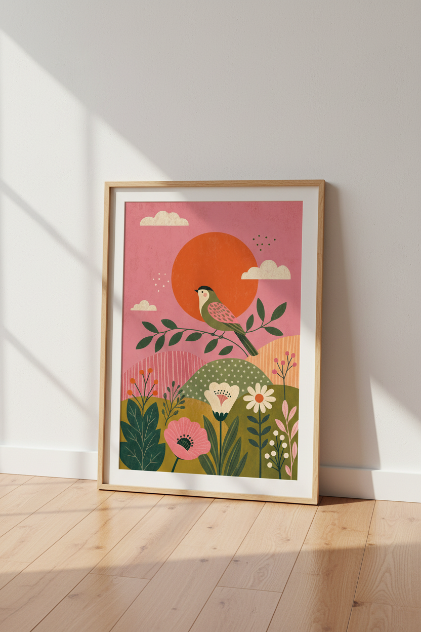 Folk Art Bird &amp; Sunset Wall Art Print | Nursery Garden Decor | Boho Nature Poster