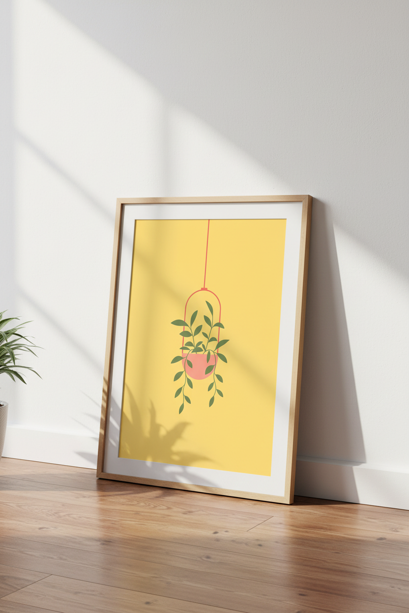 Hanging Plant Botanical Art | Minimalist Yellow Boho Decor | Modern Poster
