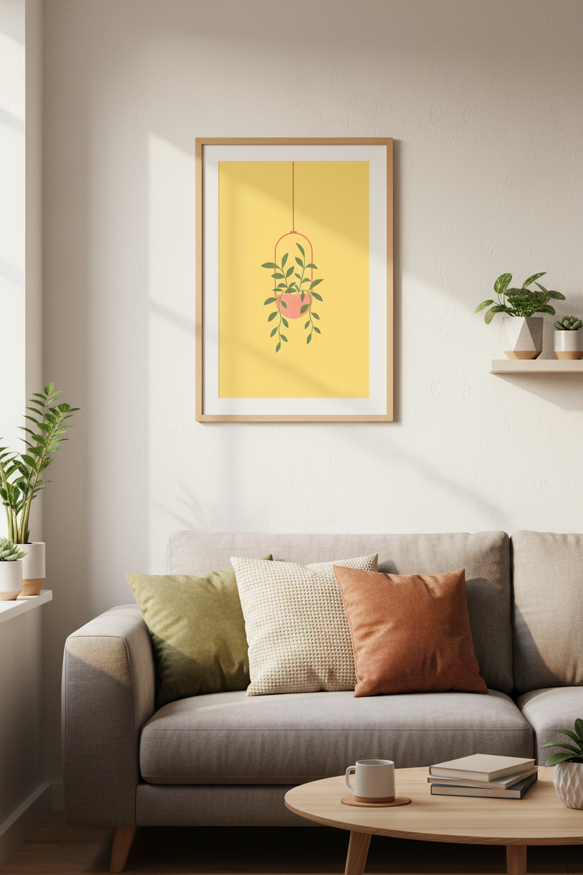 Hanging Plant Botanical Art | Minimalist Yellow Boho Decor | Modern Poster