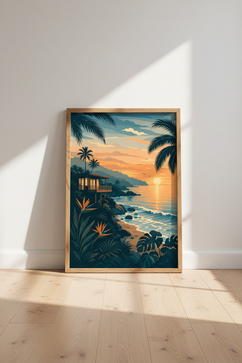 Tropical Sunset Beach Wall Art Print | Coastal Mid Century Poster, Living Room Decor