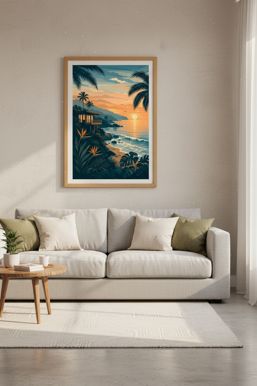 Tropical Sunset Beach Wall Art Print | Coastal Mid Century Poster, Living Room Decor