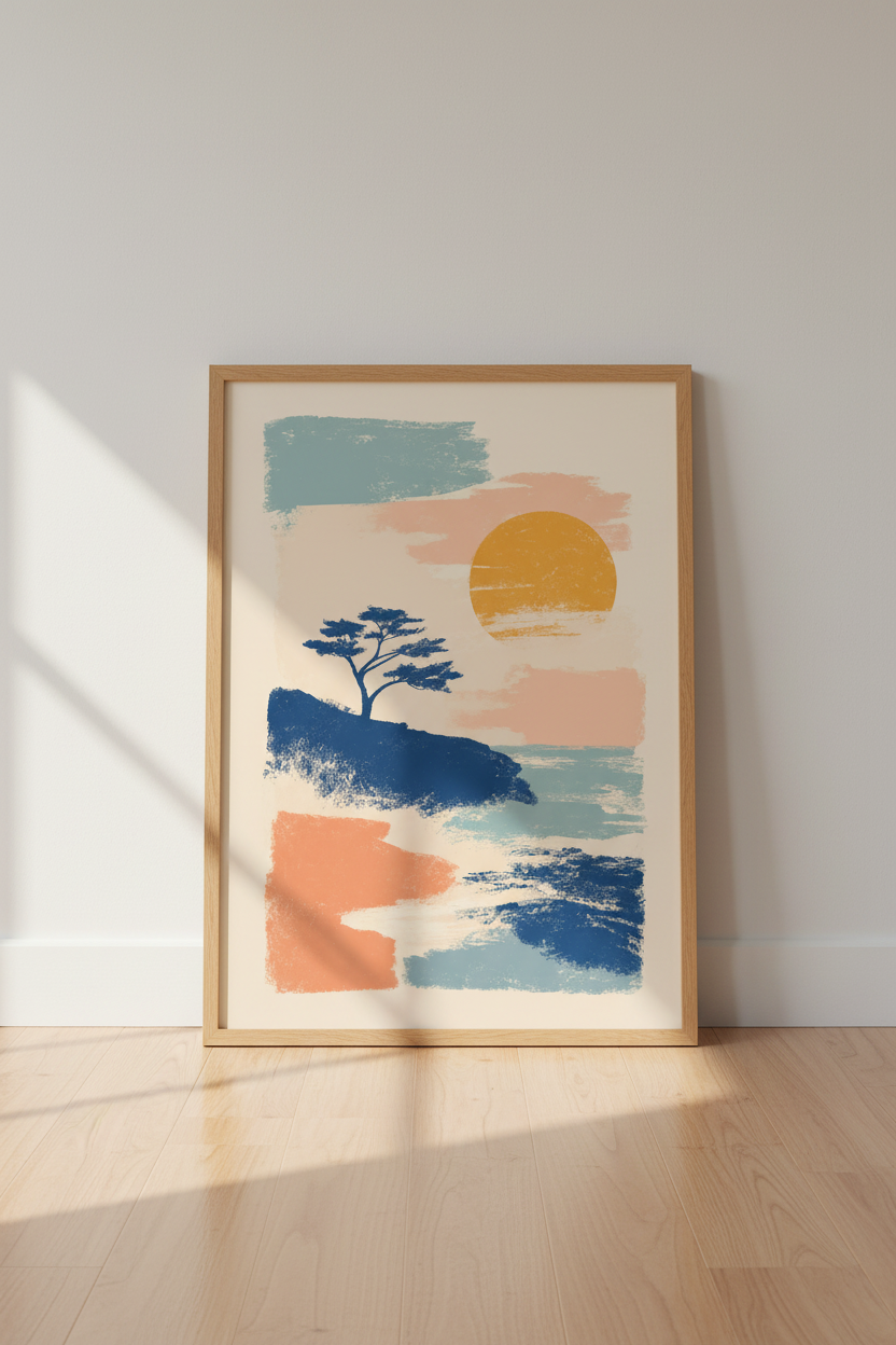 Abstract Coastal Sunset Wall Art | Boho Landscape, Living Room Decor