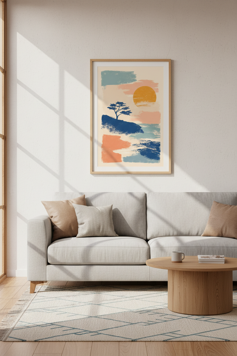 Abstract Coastal Sunset Wall Art | Boho Landscape, Living Room Decor