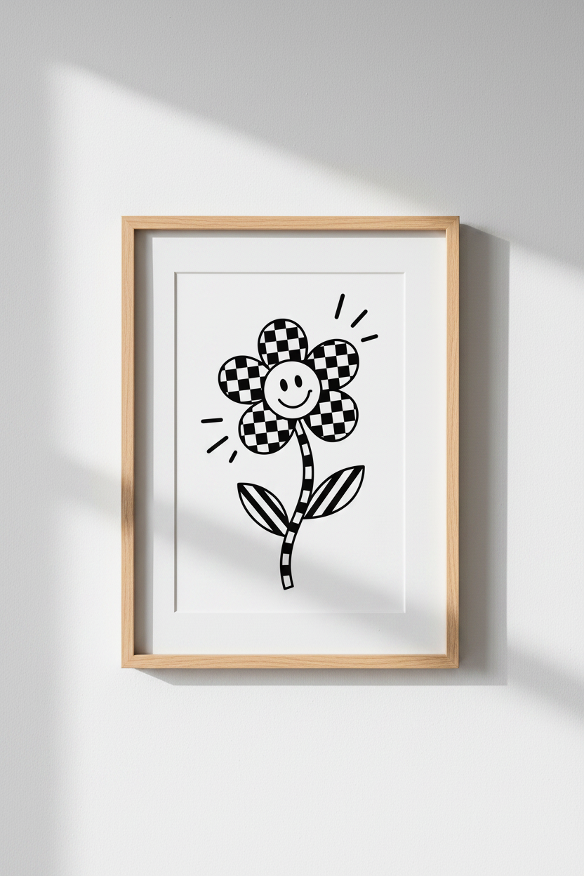 Retro Smiley Face Flower Wall Art | Checkered Black and White | Groovy Dorm Decor