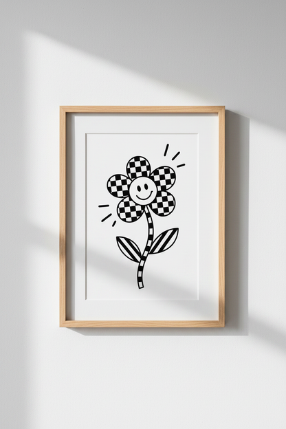 Retro Smiley Face Flower Wall Art | Checkered Black and White | Groovy Dorm Decor