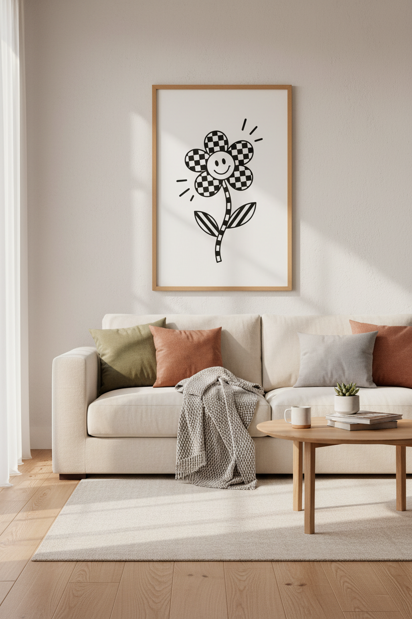 Retro Smiley Face Flower Wall Art | Checkered Black and White | Groovy Dorm Decor