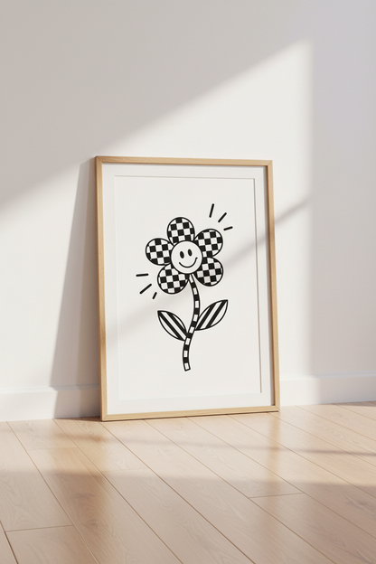 Retro Smiley Face Flower Wall Art | Checkered Black and White | Groovy Dorm Decor