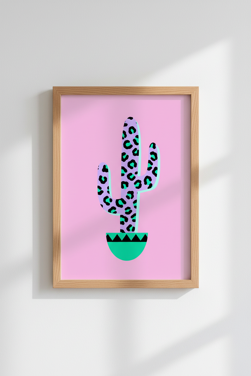Bold Leopard Cactus Art Print | Funky Pink Desert Decor | Maximalist Poster