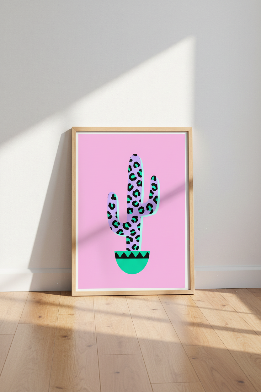 Bold Leopard Cactus Art Print | Funky Pink Desert Decor | Maximalist Poster