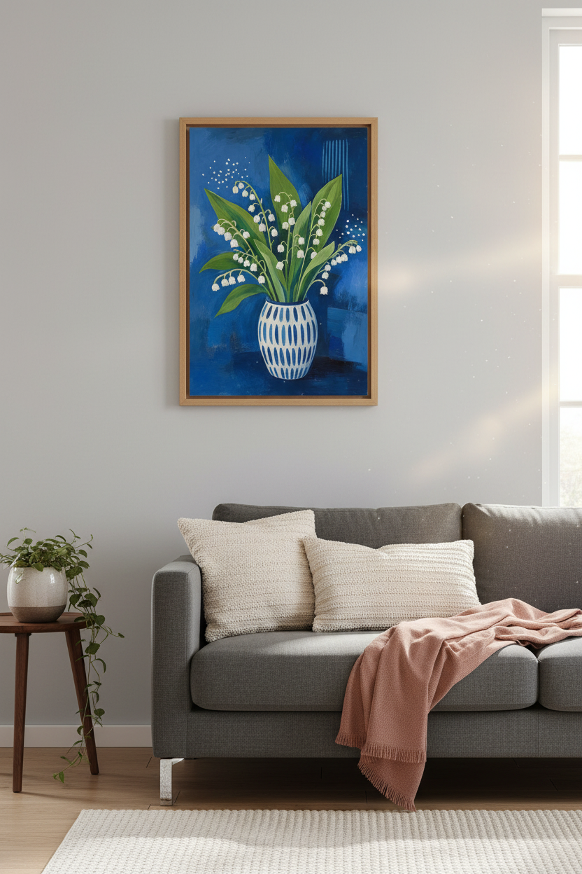 Lily of the Valley Art | Blue Botanical Still Life, Bedroom Wall Decor