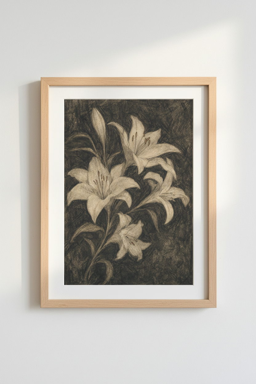 Lily Botanical Print | Vintage Charcoal Tones, Living Room Decor | Monochrome Poster