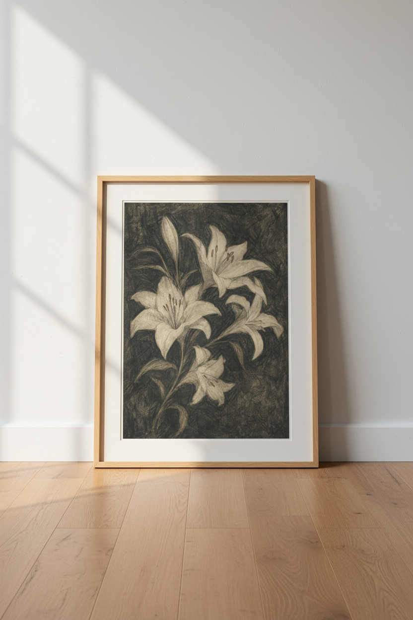 Lily Botanical Print | Vintage Charcoal Tones, Living Room Decor | Monochrome Poster