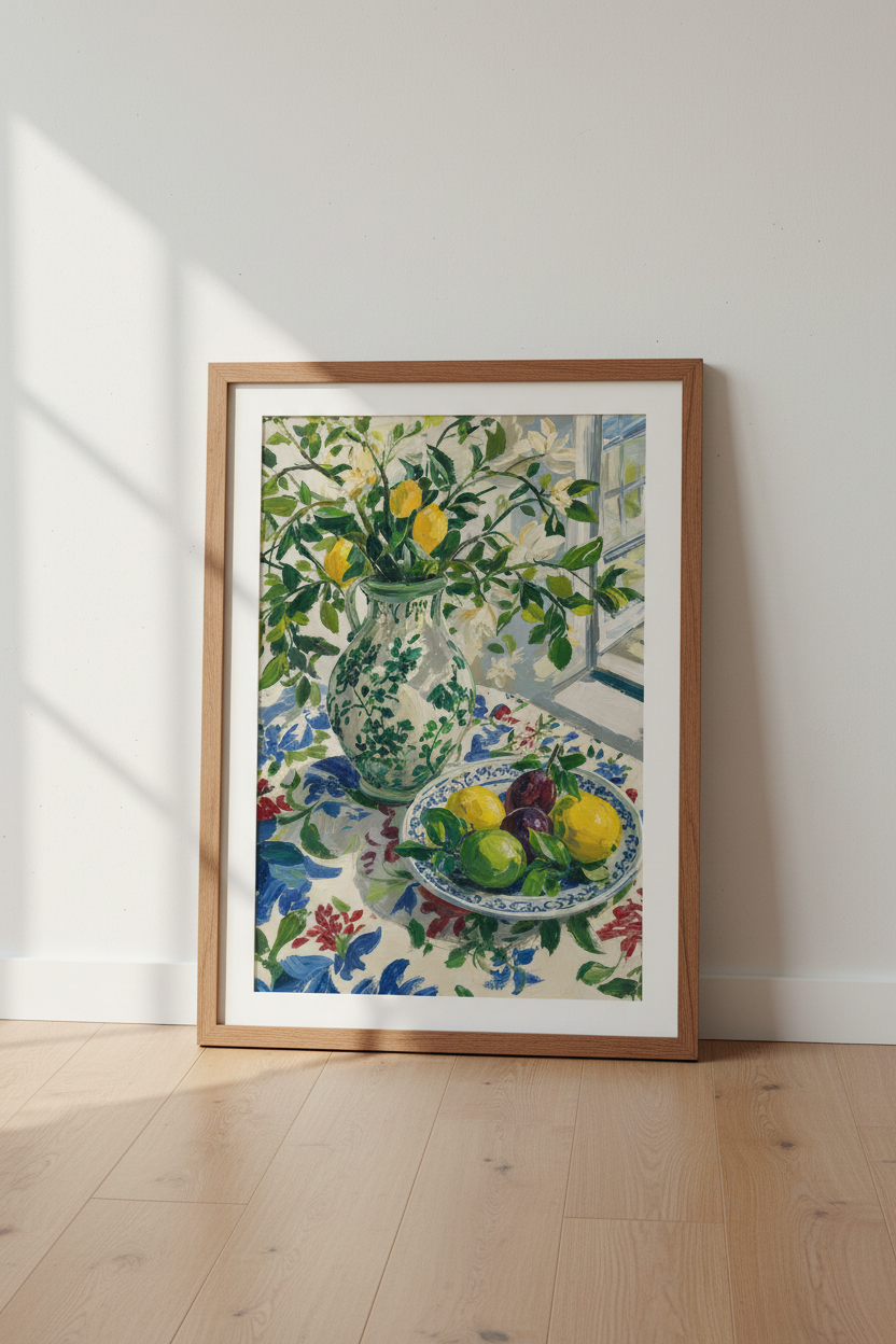 Lemon Still Life Fruit Wall Art | Mediterranean Kitchen Decor | Impressionist Poster
