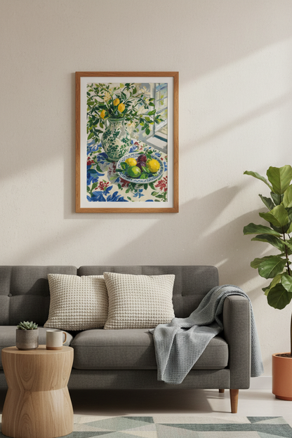 Lemon Still Life Fruit Wall Art | Mediterranean Kitchen Decor | Impressionist Poster