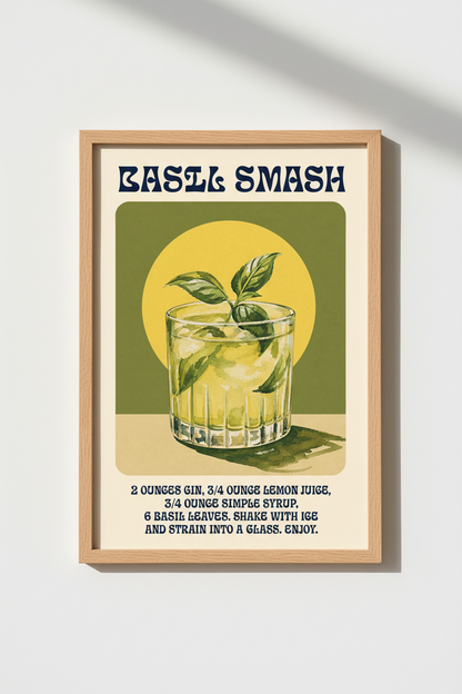 Cocktail Wall Art Print | Basil Smash Drink Poster | Retro Kitchen Decor
