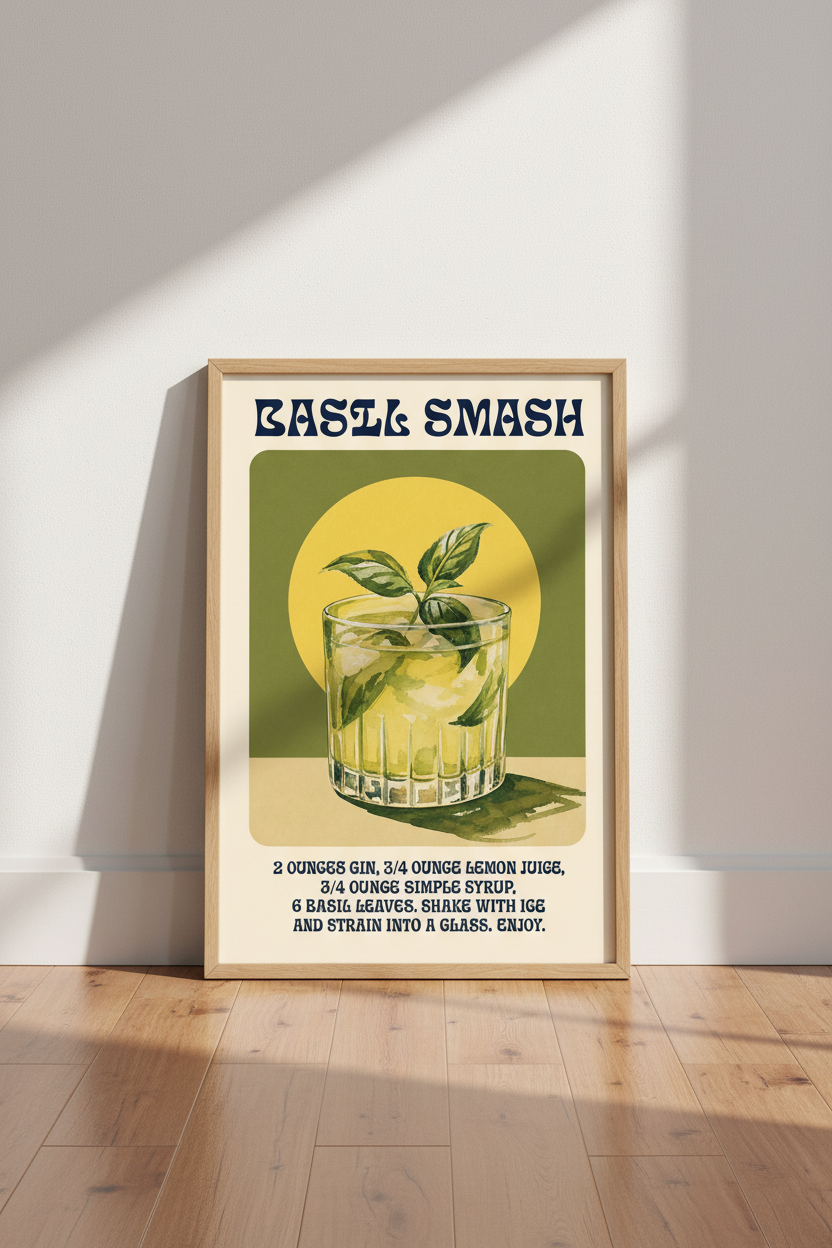 Cocktail Wall Art Print | Basil Smash Drink Poster | Retro Kitchen Decor