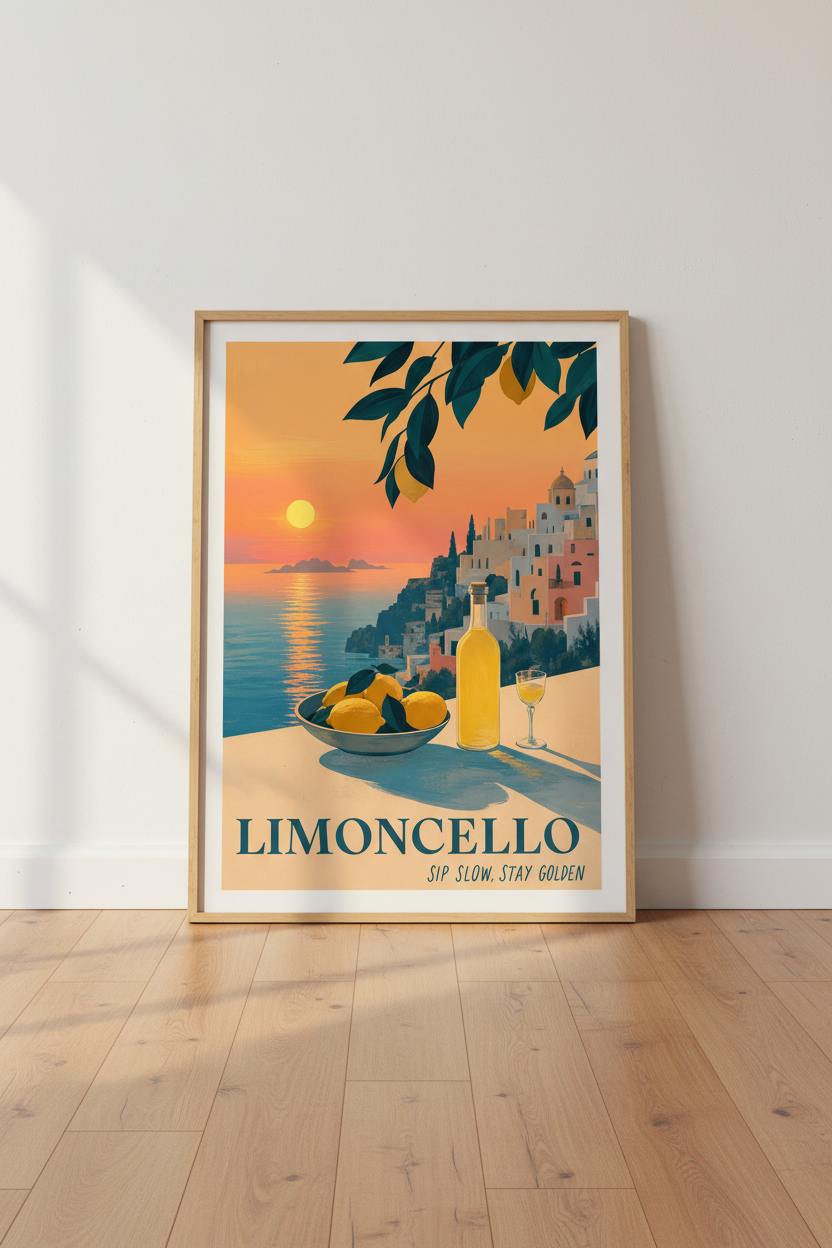 Limoncello Italian Print | Amalfi Coast Kitchen Decor | Mediterranean Sunset Poster