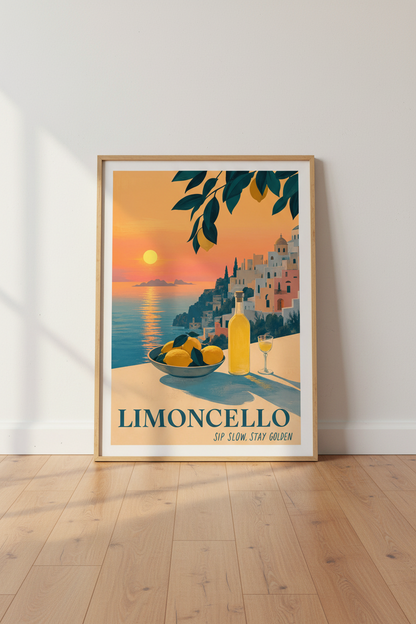 Limoncello Italian Print | Amalfi Coast Kitchen Decor | Mediterranean Sunset Poster