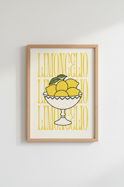 Retro Lemon Kitchen Print | Mediterranean Limoncello Poster | Yellow Food Art