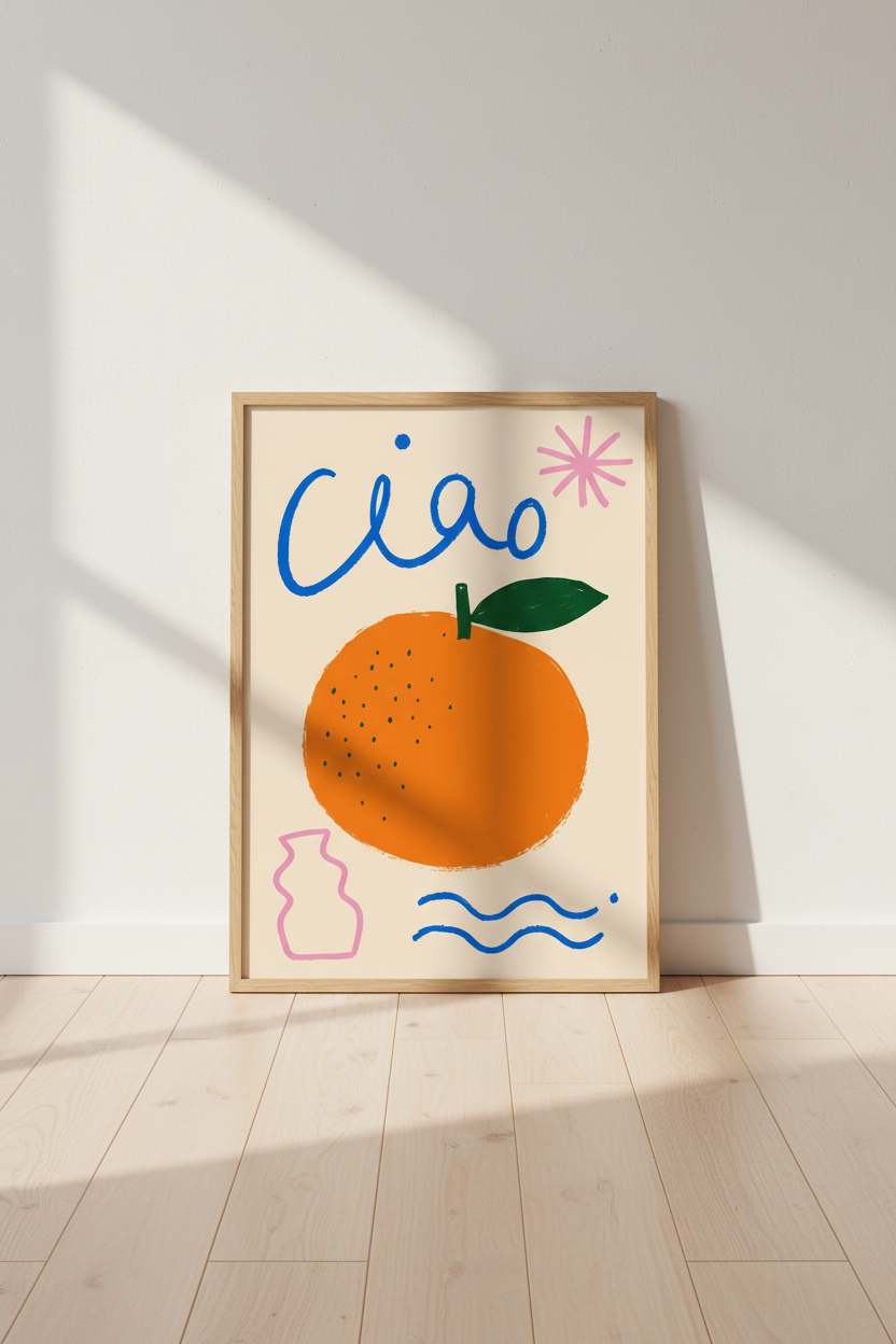 Ciao Orange Wall Art | Bold Mediterranean Fruit Print, Retro Kitchen Decor