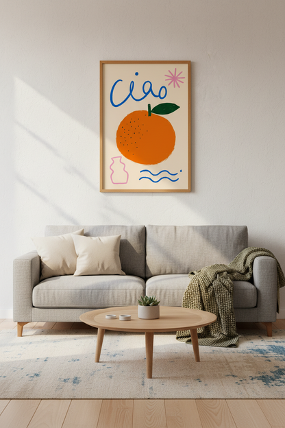 Ciao Orange Wall Art | Bold Mediterranean Fruit Print, Retro Kitchen Decor