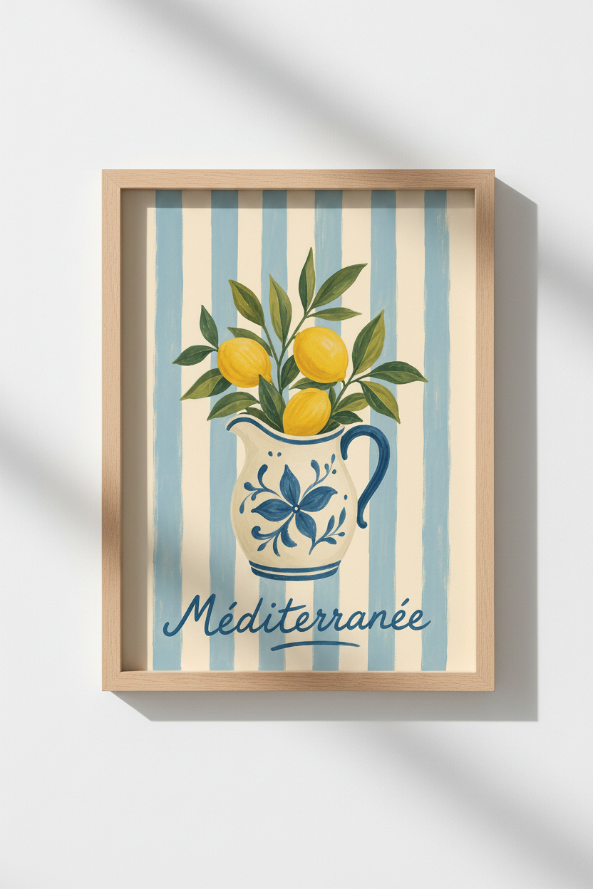 Mediterranean Lemon Print | Blue and White Coastal Kitchen Decor | Botanical Poster Print