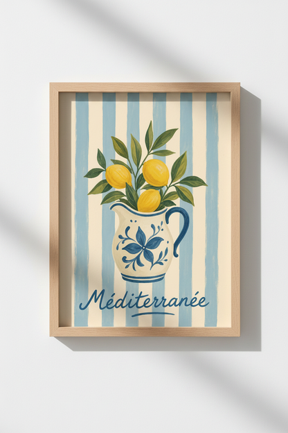 Mediterranean Lemon Print | Blue and White Coastal Kitchen Decor | Botanical Poster Print