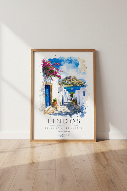 Lindos Greece Watercolor Art | Rhodes Island Travel Poster, Mediterranean Decor