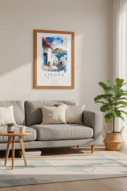 Lindos Greece Watercolor Art | Rhodes Island Travel Poster, Mediterranean Decor