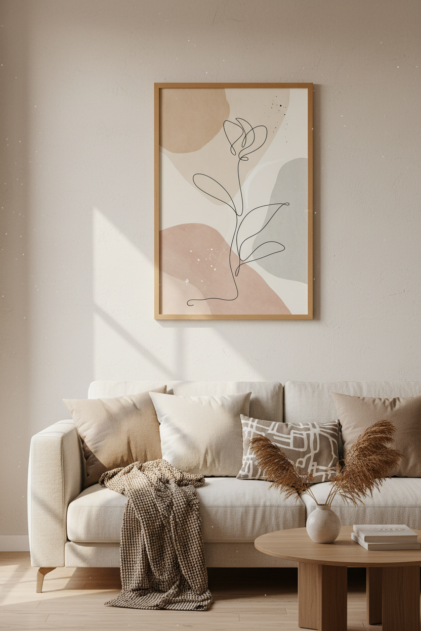 Minimalist Flower Line Art | Abstract Boho Botanical Print, Neutral Earth Tone Decor