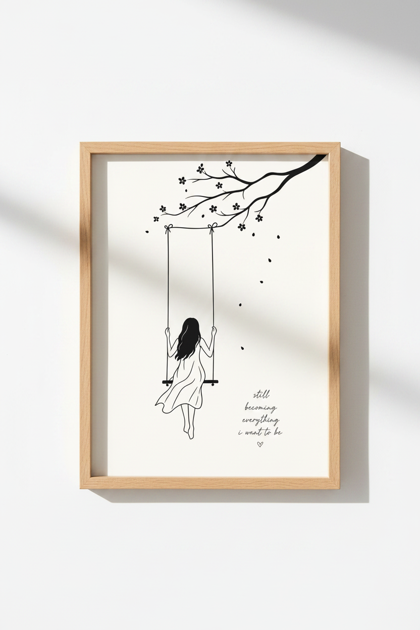 Minimalist Line Art Print | Inspirational Quote, Girl on Swing Modern Bedroom Wall Decor