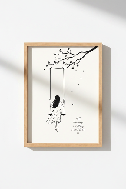 Minimalist Line Art Print | Inspirational Quote, Girl on Swing Modern Bedroom Wall Decor