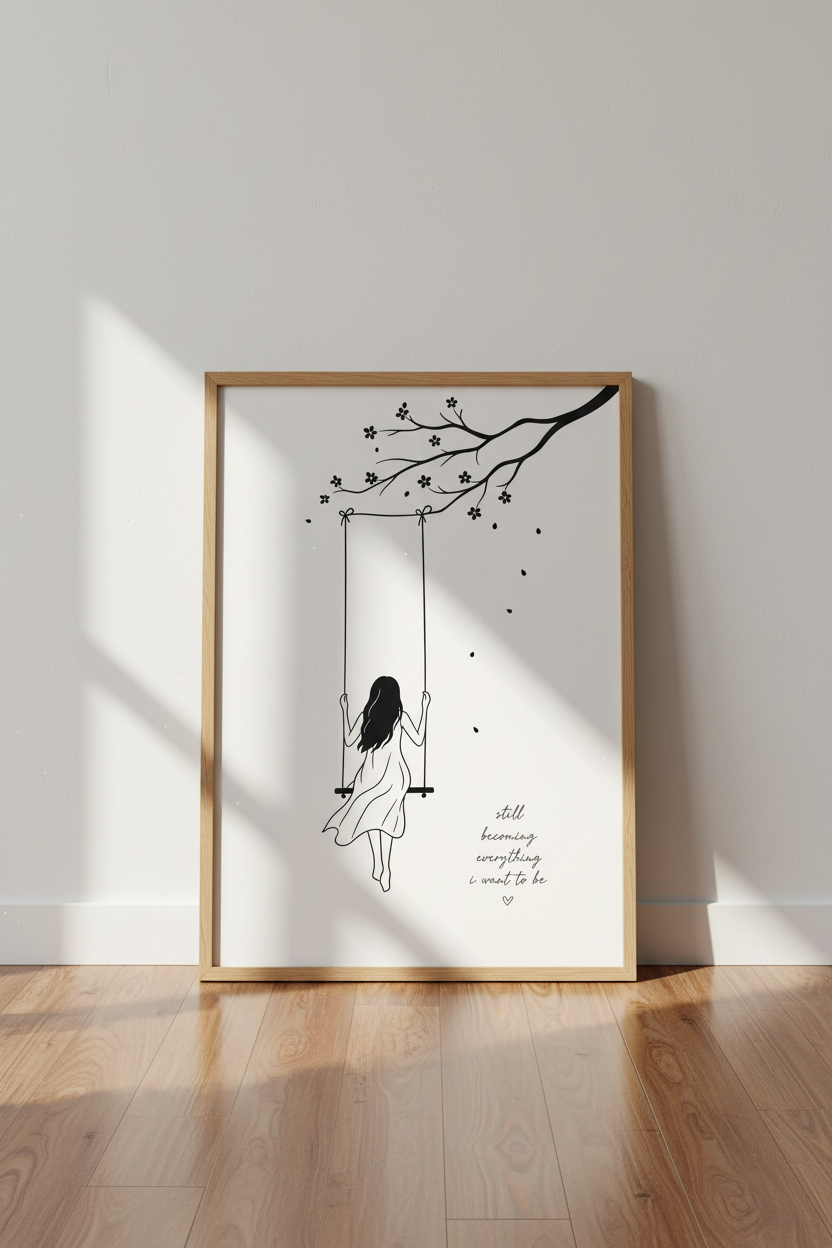 Minimalist Line Art Print | Inspirational Quote, Girl on Swing Modern Bedroom Wall Decor