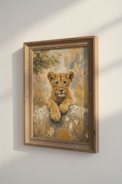 Lion Cub Oil Painting Wall Art | Safari Nursery Decor | Neutral Earthy Poster