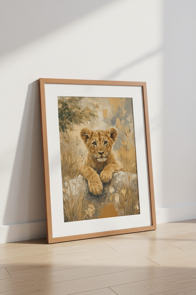 Lion Cub Oil Painting Wall Art | Safari Nursery Decor | Neutral Earthy Poster