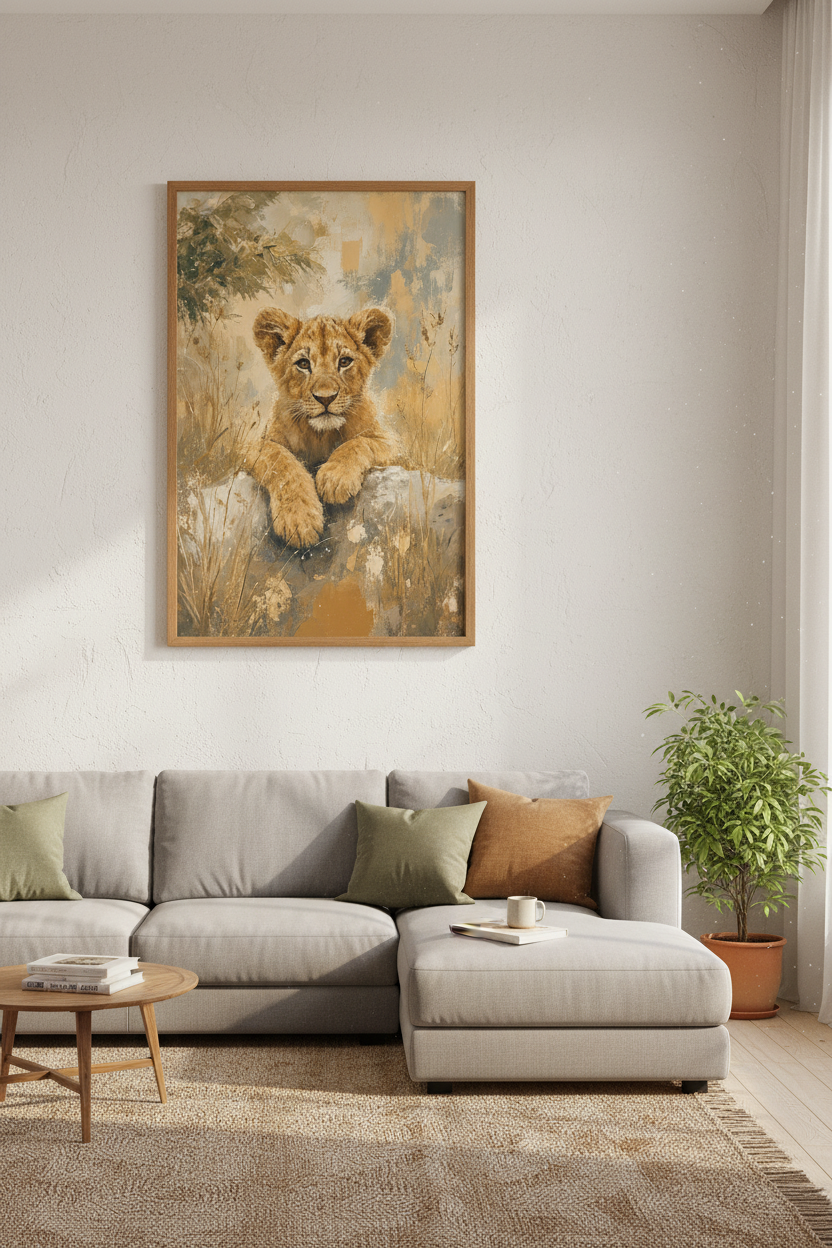 Lion Cub Oil Painting Wall Art | Safari Nursery Decor | Neutral Earthy Poster
