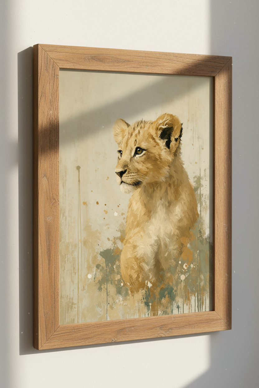 Lion Cub Oil Painting Wall Art Print | Safari Nursery Decor | Neutral Animal Poster
