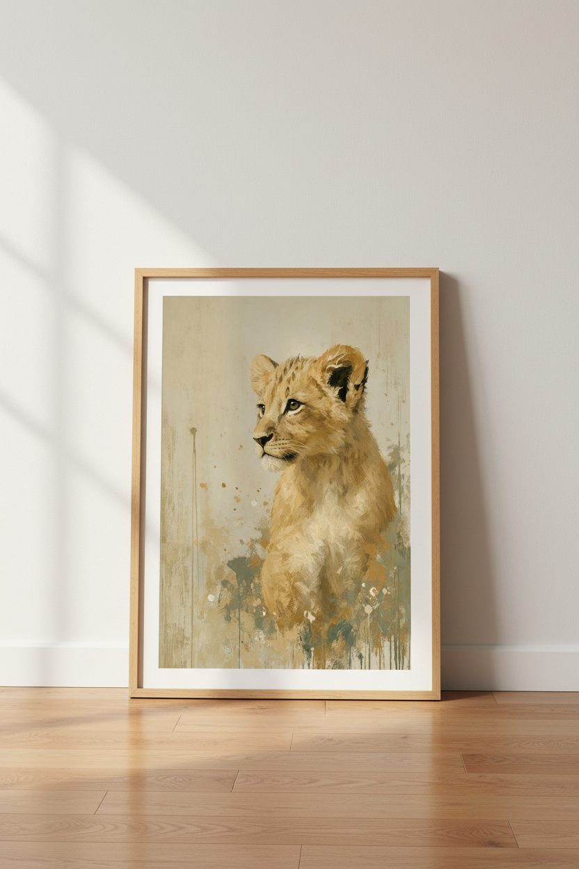 Lion Cub Oil Painting Wall Art Print | Safari Nursery Decor | Neutral Animal Poster