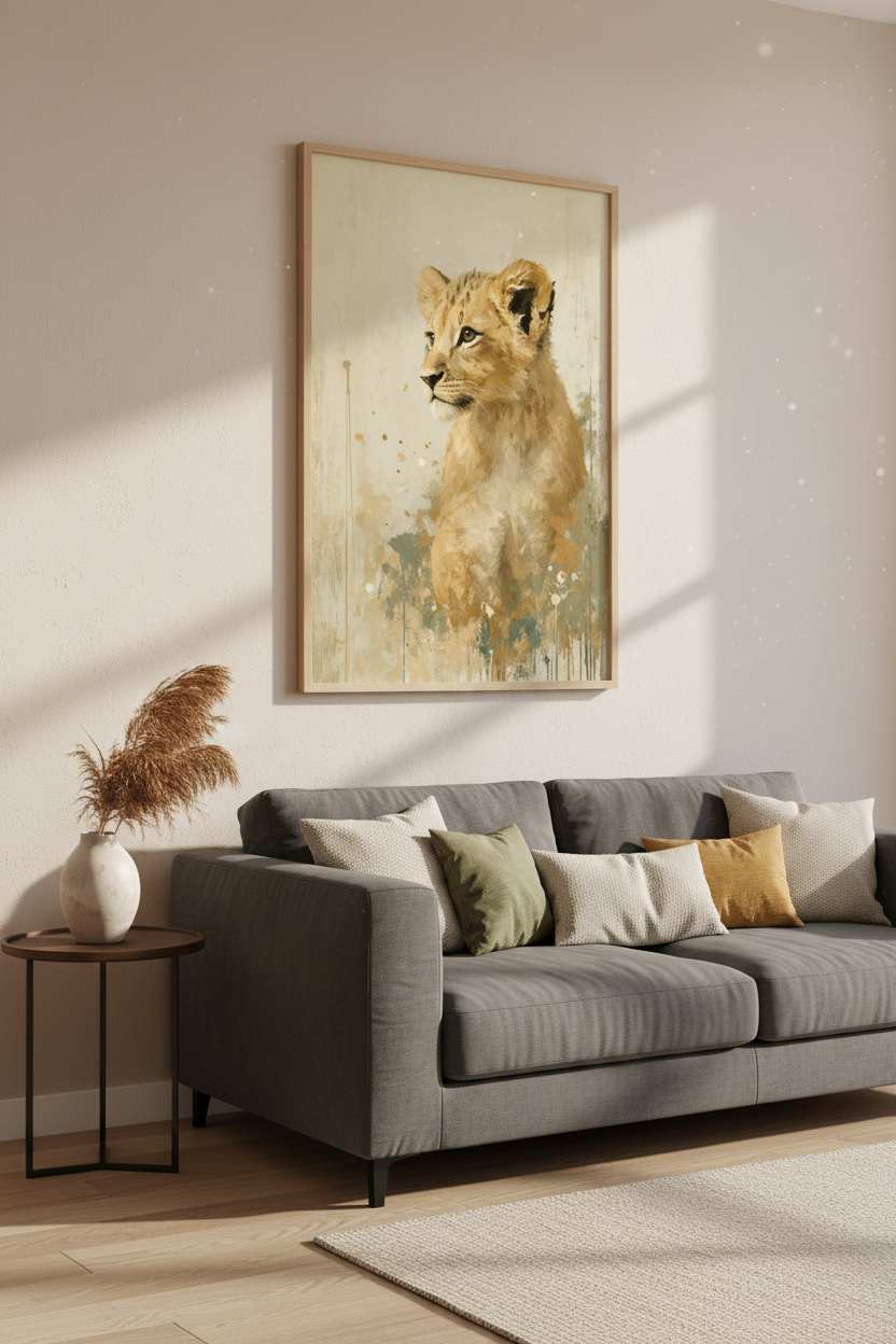 Lion Cub Oil Painting Wall Art Print | Safari Nursery Decor | Neutral Animal Poster