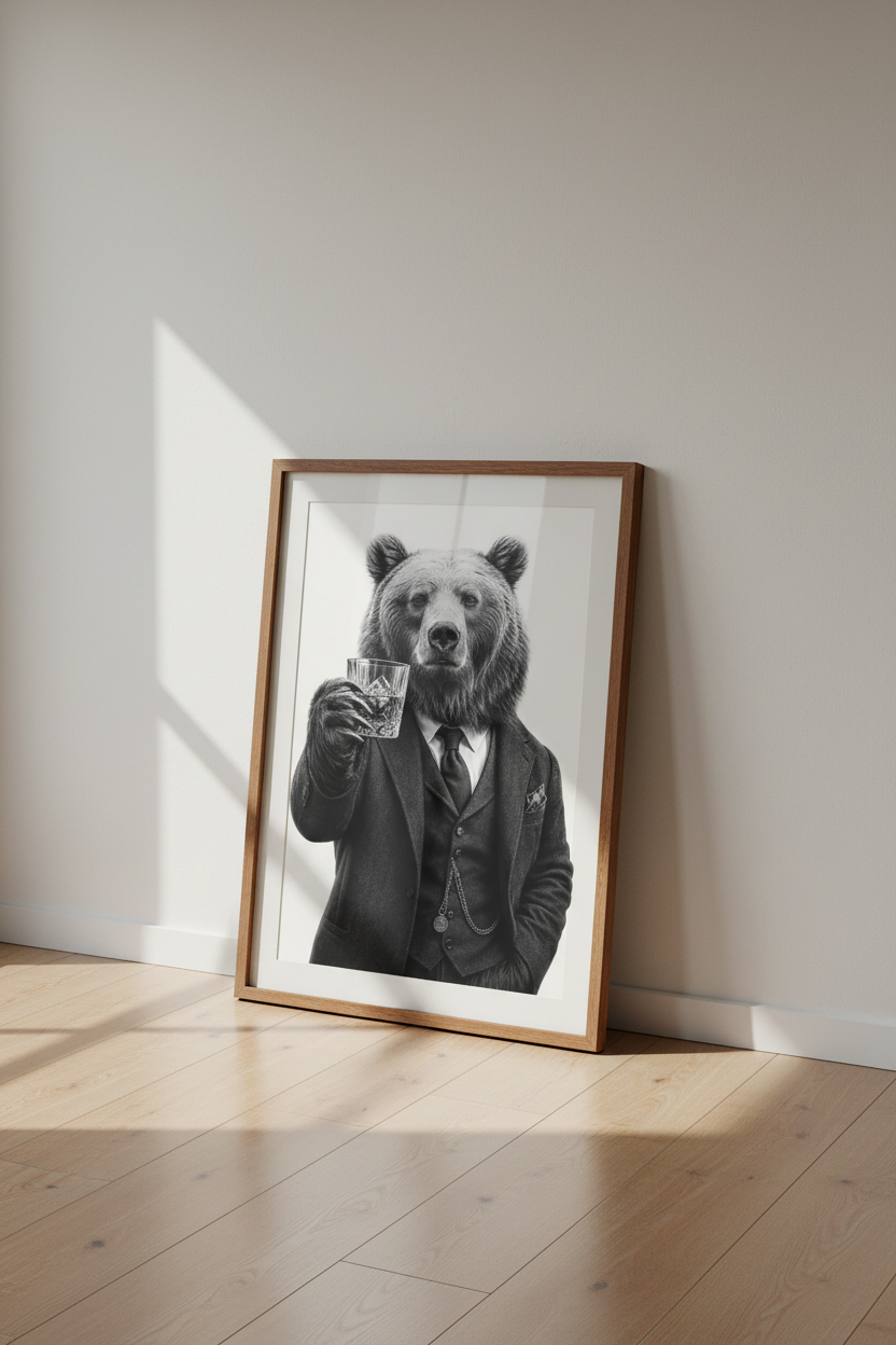 Bear in Suit Whiskey Art | Black and White Man Cave Decor | Masculine Poster