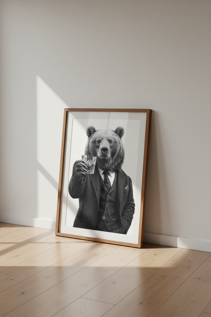 Bear in Suit Whiskey Art | Black and White Man Cave Decor | Masculine Poster